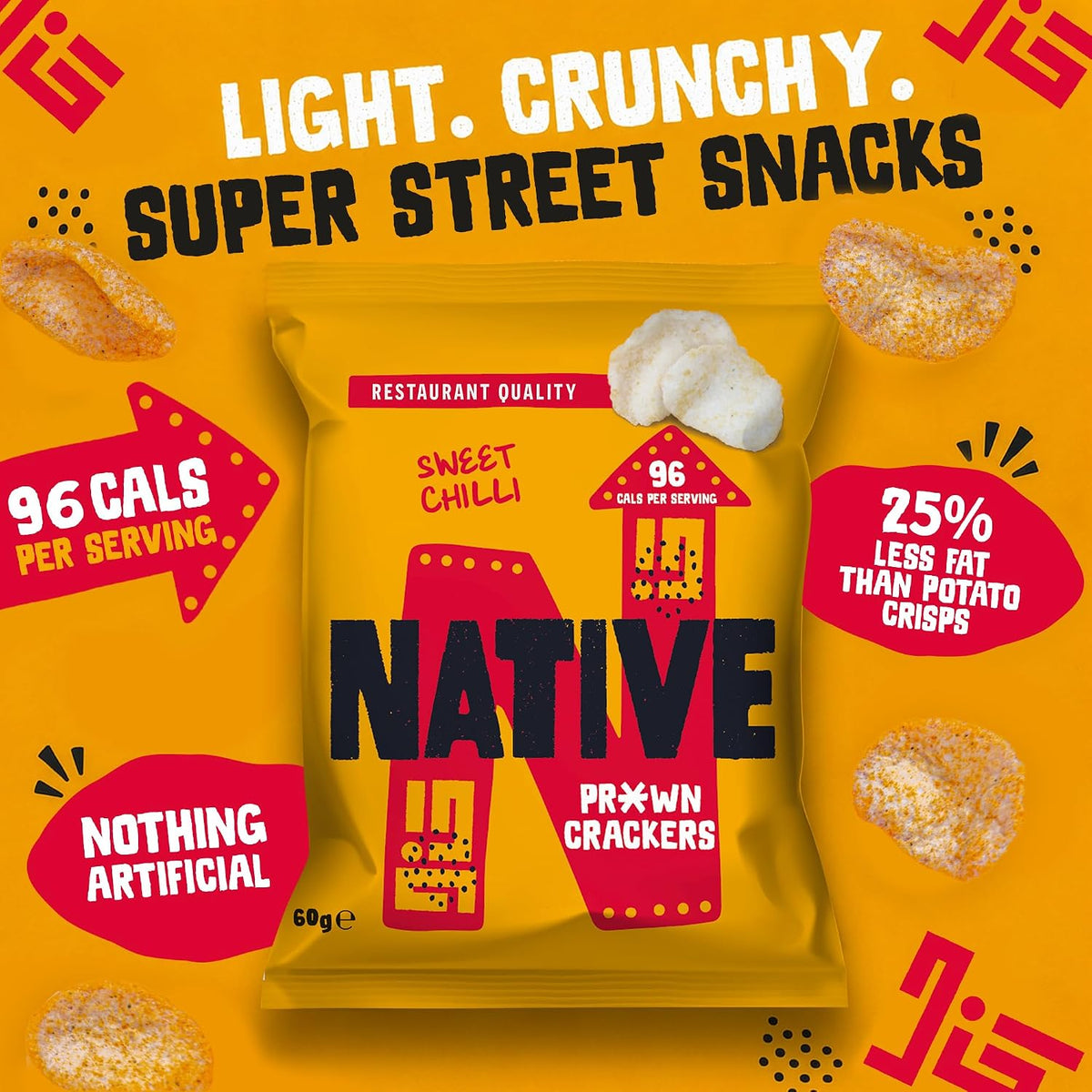 Native Snacks Sweet Chilli Flavour Prawn Crackers, 6 x 60g Bags - Light & Crunchy - Low Calorie & Low Fat Crisps - Vegan Multipack - Ideal for Dipping & Sharing - UK Made Snacks