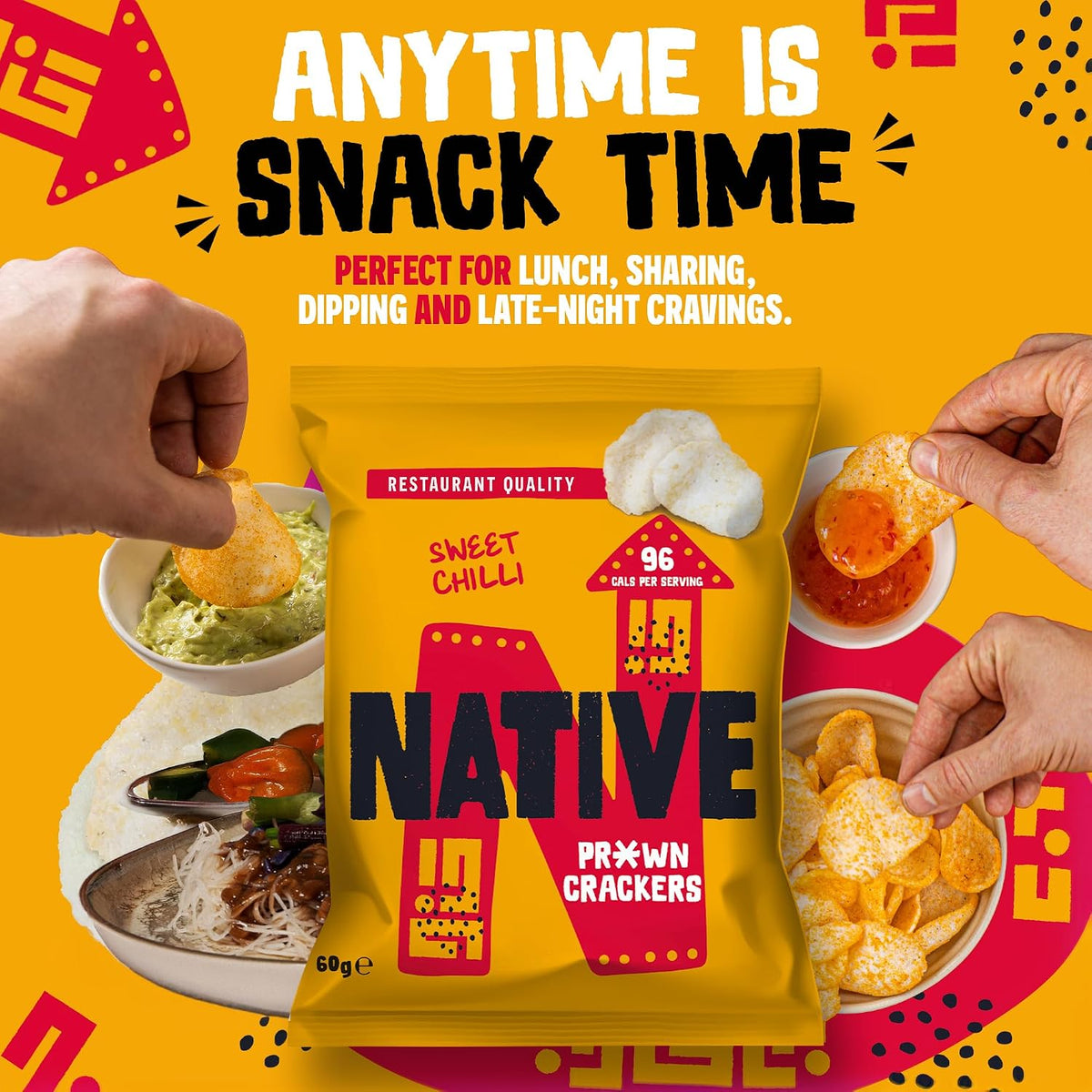 Native Snacks Sweet Chilli Flavour Prawn Crackers, 6 x 60g Bags - Light & Crunchy - Low Calorie & Low Fat Crisps - Vegan Multipack - Ideal for Dipping & Sharing - UK Made Snacks