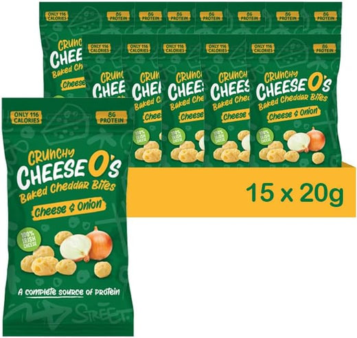 CheeseO's Crunchy Baked Cheddar Cheese Onion Crisps Pack of 15x20g - Cheddar Bites, Keto Snacks, High Protein Snack, Baked Crisps Low Carb Gluten Free Vegetarian Savoury Snack
